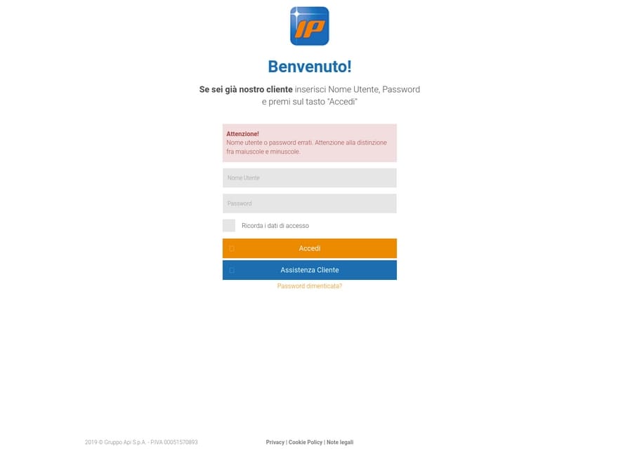 Phishing ai danni di IP Gruppo API: come riconoscerlo e difendersi 2 Schermata di login del sito clone utilizzato nella campagna di phishing ai danni di IP Gruppo API.