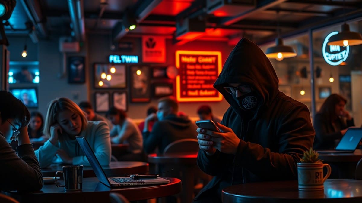 Minaccia Evil Twin: attacco Wi-Fi in ambienti pubblici Illustrazione di un attacco Evil Twin con utenti che si connettono a una rete Wi-Fi falsa in un ambiente pubblico, evidenziando il rischio di esposizione dei dati.