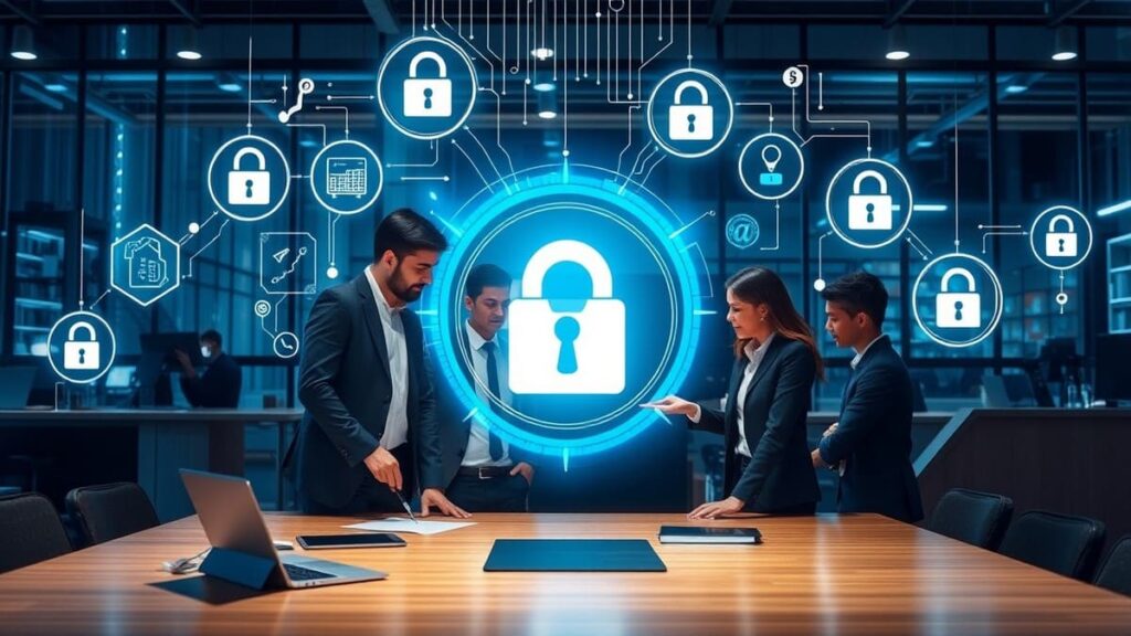 Collaborazione aziendale per una cyber security efficace. Team aziendale che collabora per la sicurezza informatica.