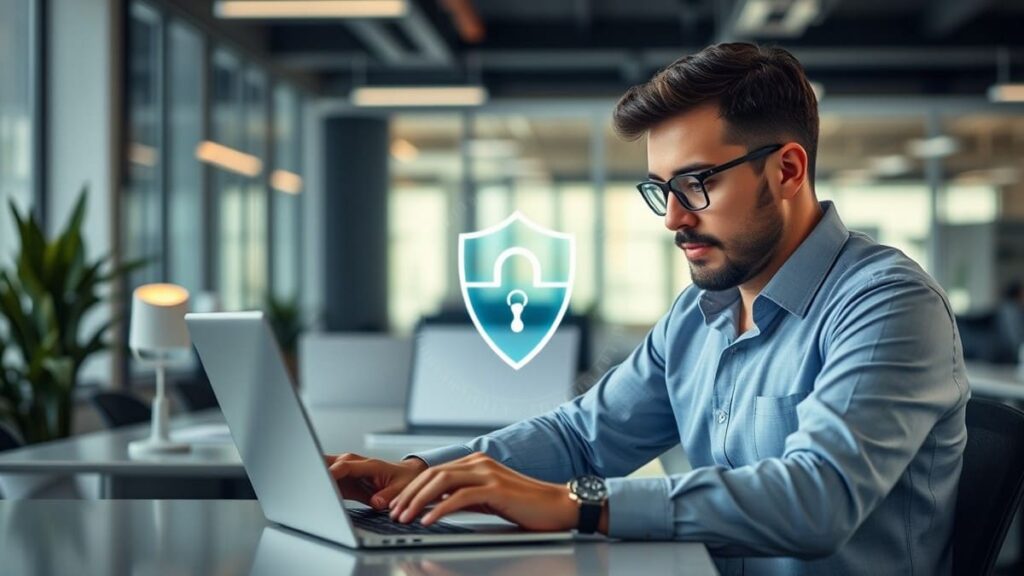 Cybersecurity per aziende: difendersi dalle truffe online 2 imprenditore che protegge i dati aziendali e la reputazione