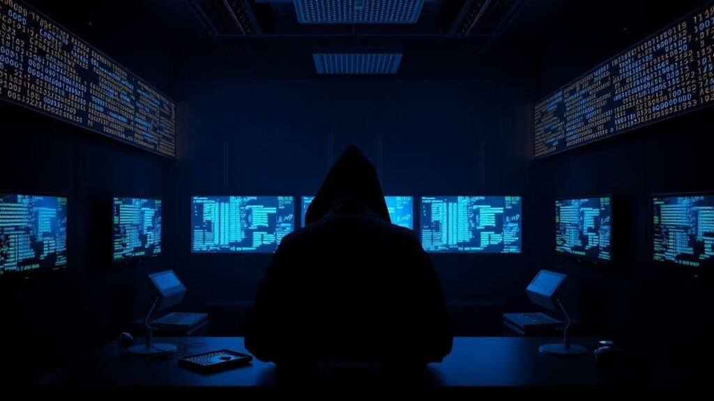 Come Sono Stati Violati i Dati delle Aziende Italiane? 1 Hacker al computer che accede a dati aziendali sensibili.