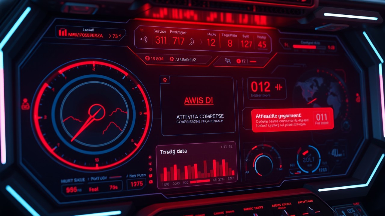 Schermata di monitoraggio della sicurezza nel SOC. Dashboard di sicurezza di un SOC che mostra attività sospette.