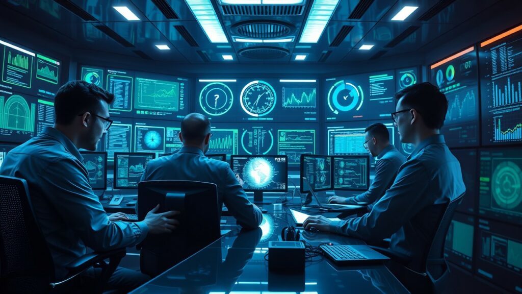 Analisti al lavoro nel Security Operation Center. Analisti di un SOC che monitorano sistemi informatici aziendali.