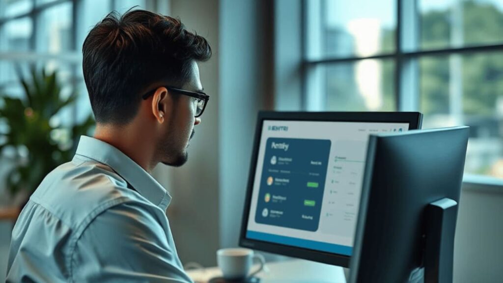 Azienda che registra i rifiuti sulla piattaforma RENTRI in un ufficio moderno. Digitalizzazione della gestione dei rifiuti con RENTRI.