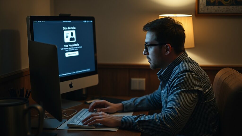 Un utente Mac naviga online mentre un malware infetta il suo sistema. Utente Mac ignaro di un attacco malware in corso sul proprio dispositivo.